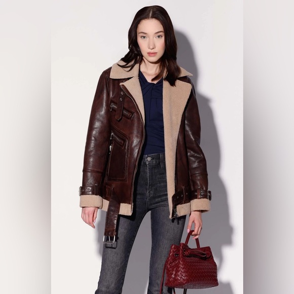 Walter Baker Celine Leather Moto Jacket - Brown Coffee / Beige - Picture 1 of 6